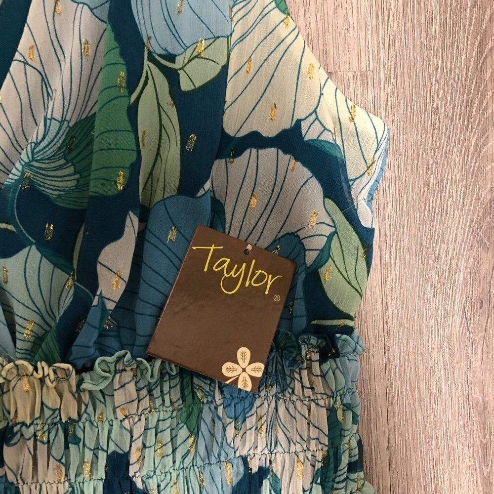Nwt Taylor Midi Dress Women’s Size 6 Tiered Ruffle Blue Green Floral Metallic — image 7 of 8